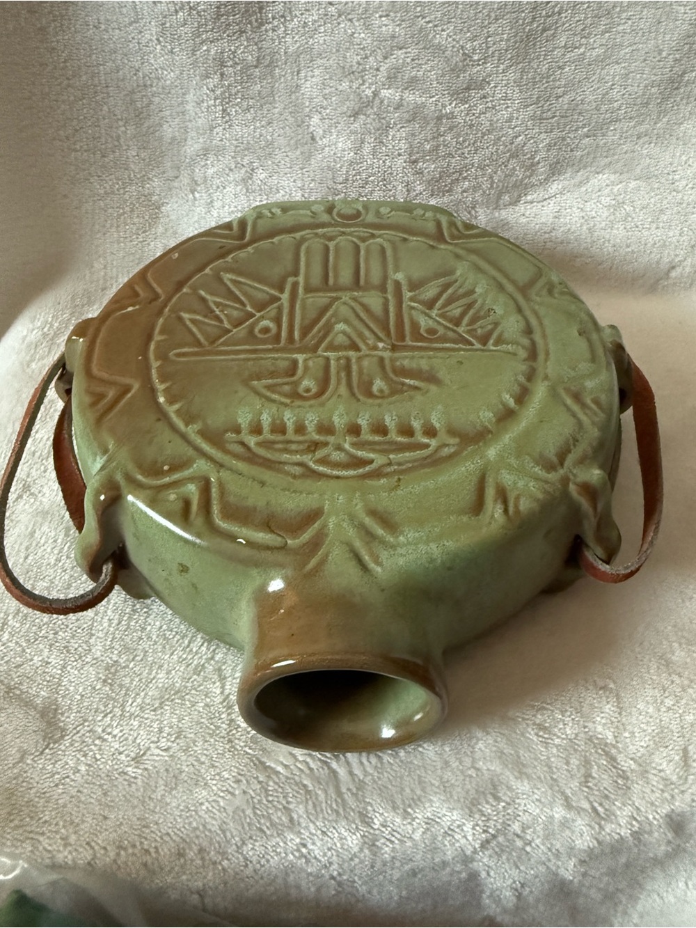 Frankoma Green Relief Thunderbird Flask with Brown Strap